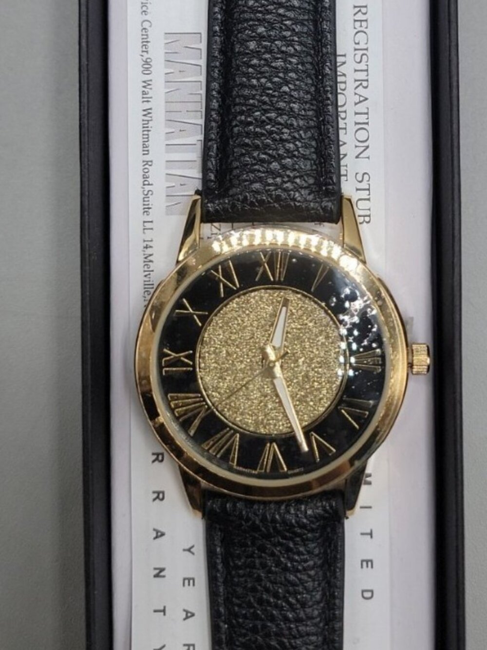 Manhattan by Croton Ladies Gold Glitter Watch CM404250 Black Band 39mm 7.5"